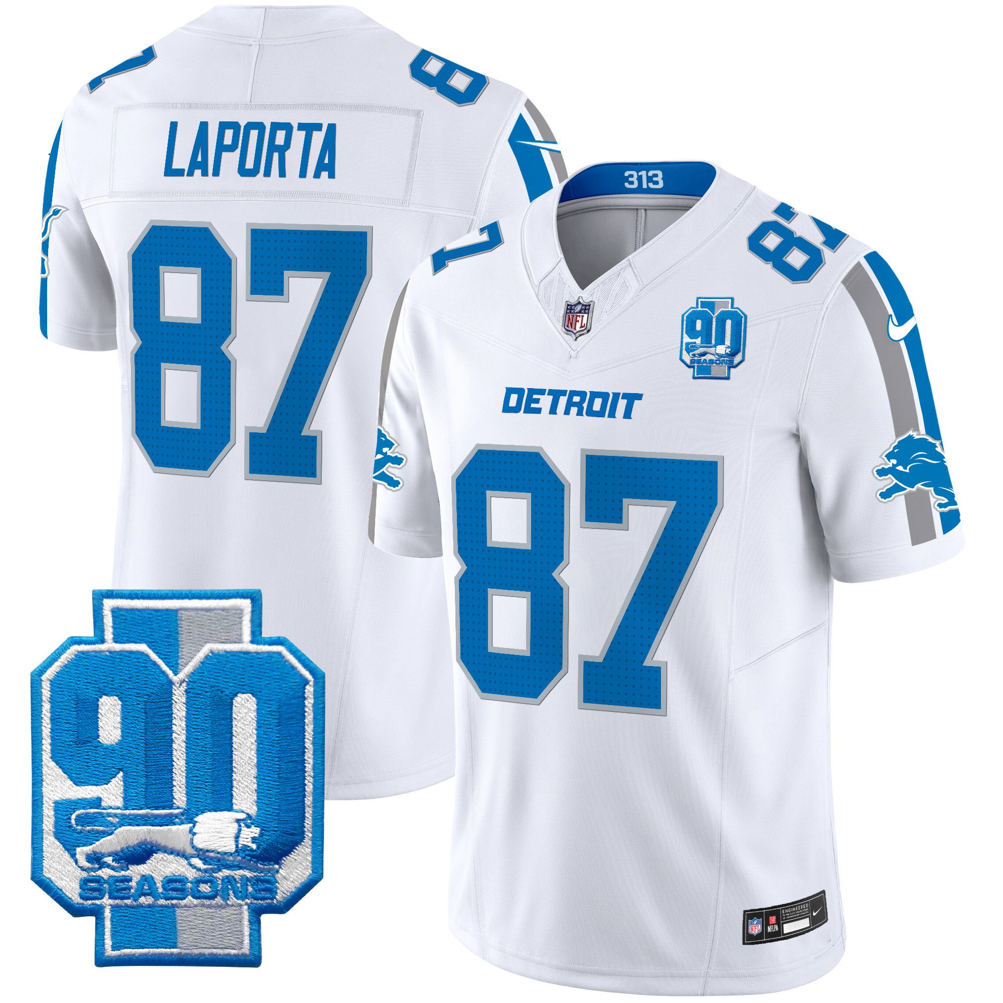 Men Detroit Lions #87 Laporta White 2024 Nike 90th Year Patch Vapor Limited NFL Jersey